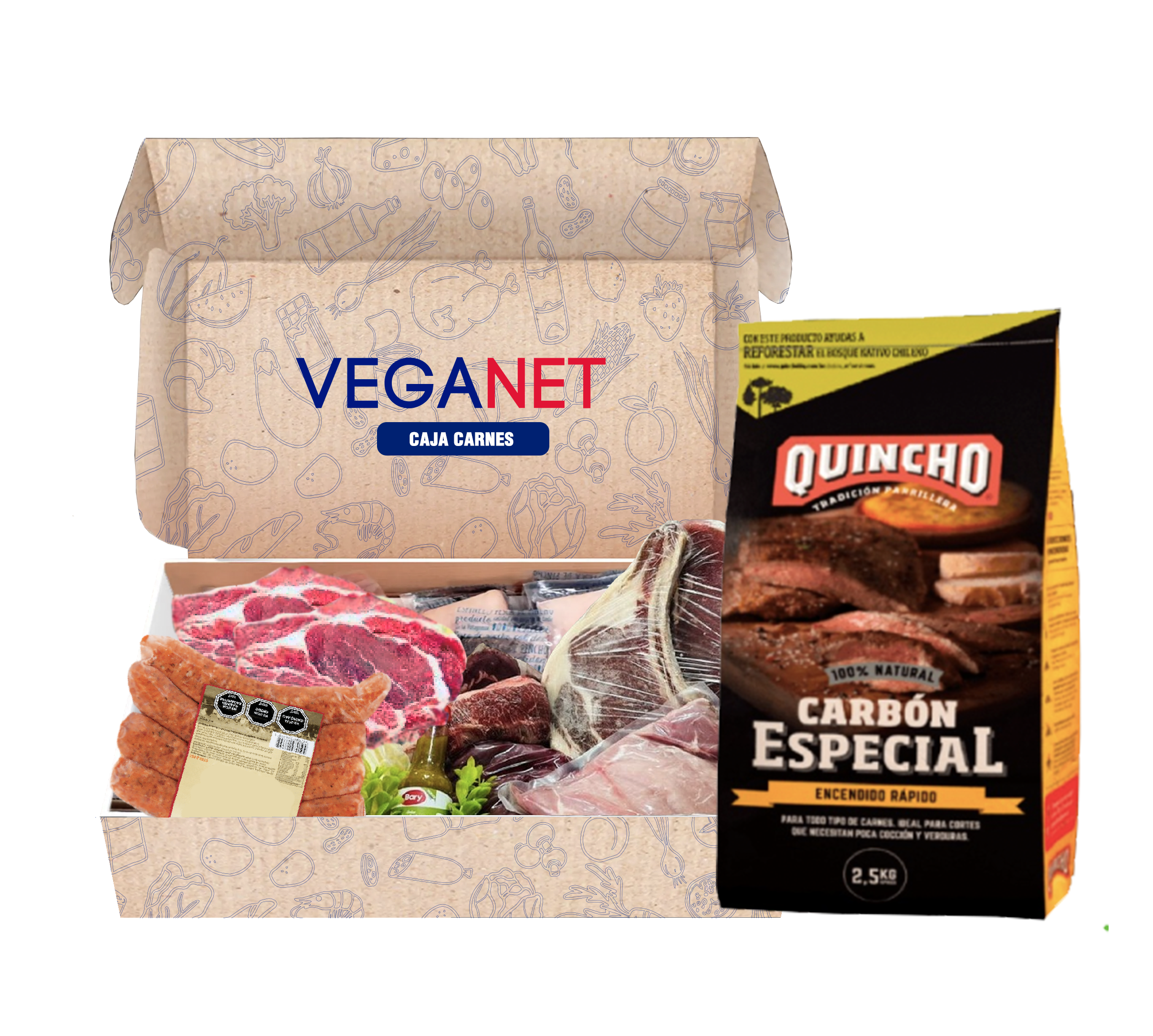Caja Parrillera Veganet (Incluye: 1 kg Lomo Liso, 1 kg Chuleta Parrillera, 1 kg Pulpa de cerdo, 1 kg Longanizas, 1 kg Tutos de pollo, Carbón Quincho 2,5 kg)